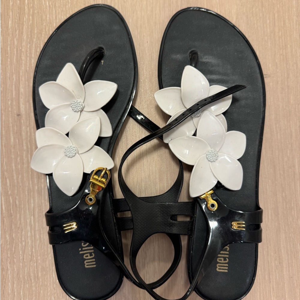 Melissa Black Sandals with White Floral Accents